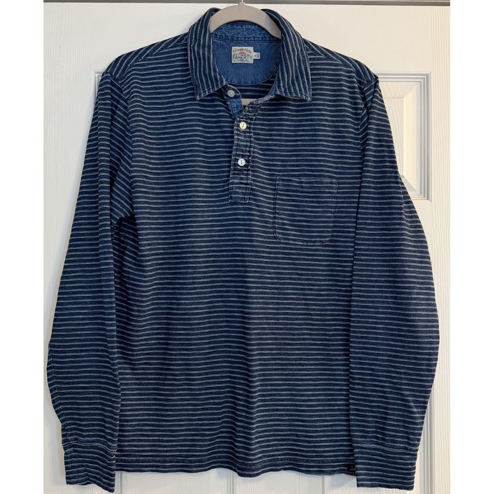 FAHERTY Men's Long Sleeved Polo Shirt Blue Striped Pocket Cotton Outdoor Hike M